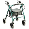 Walker with a removable backrest and  vinyl bag with a padded seat that is good for outdoor use in laser green