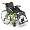 Lightweight aluminium folding frame wheelchair with quick release rear wheels in Green